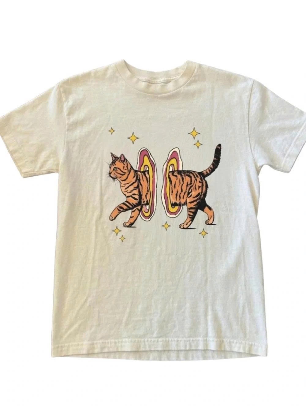 Cat Portal Graphic Tee - White with Orange Cat Design